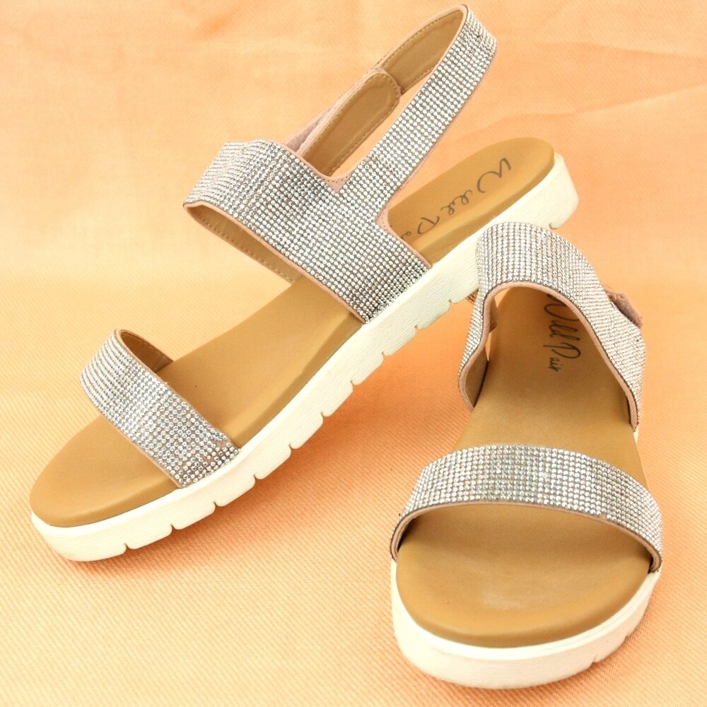 Wild Pair Sallee Silver Rhinstone Sparkle Cushioned Hook and Loop Sandals 9.5